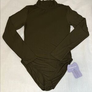 Mangopop Women’s Dark Olive Bodysuit with a Mock Turtleneck Long Sleeves